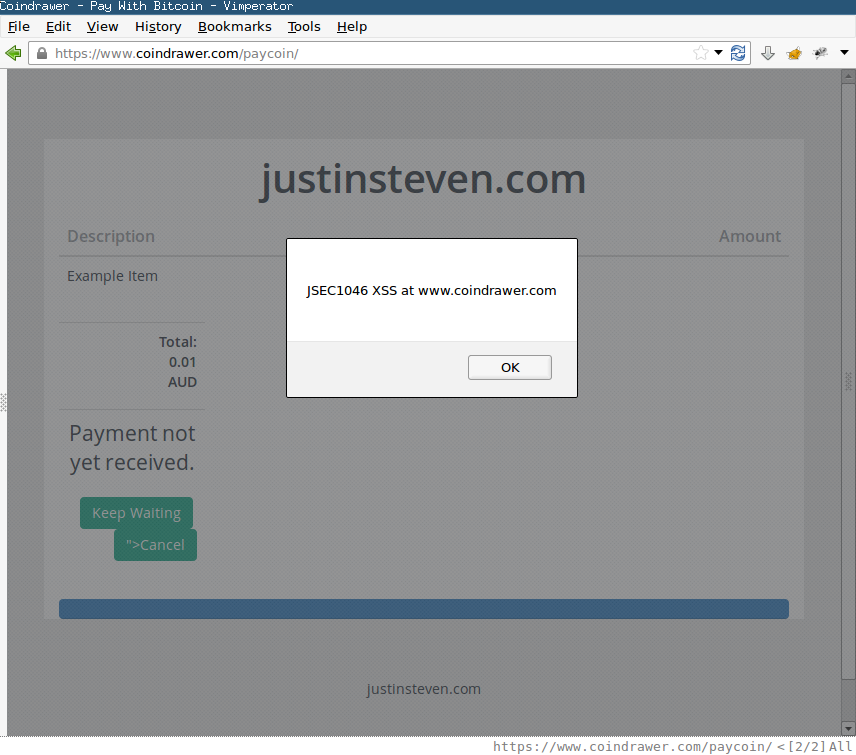 JSEC1046 - Coindrawer Persistent DOM XSS disclosure (Paycoin feature) /images/201404_coindrawer_jsec1046_xss.png