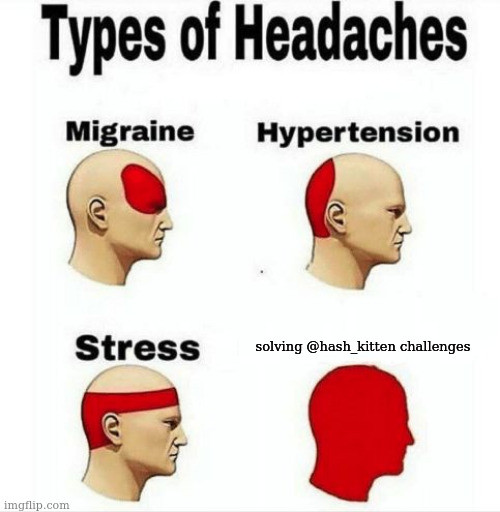 A meme showing the four types of headaches, with &ldquo;solving hash kitten challenges&rdquo; being a whole-head headache