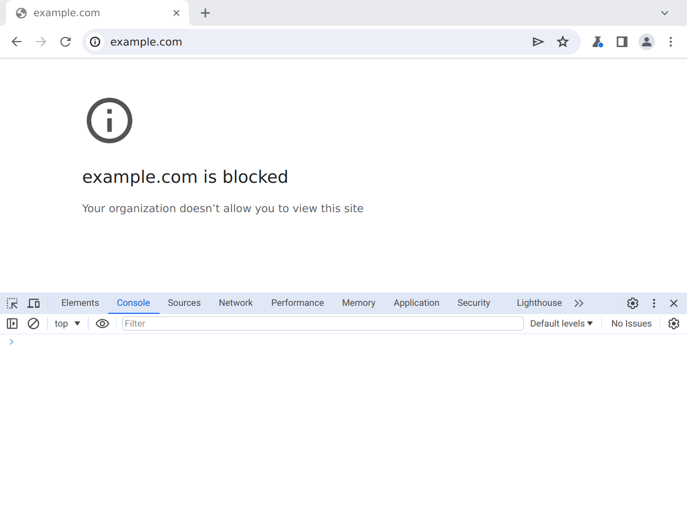 A screenshot of a web browser showing that after we try to redirect the page away, access to example.com is blocked